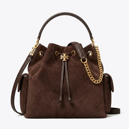 Charlie Quilted Suede Drawstring Shoulder Bag